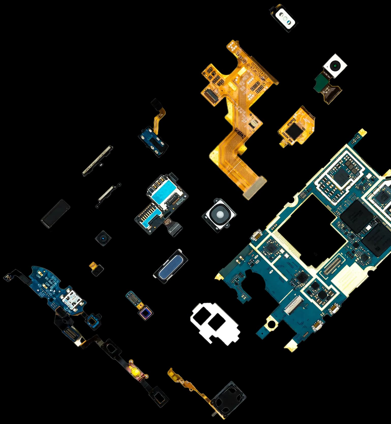 Circuit boards and other electronical components laying down with a top-down view